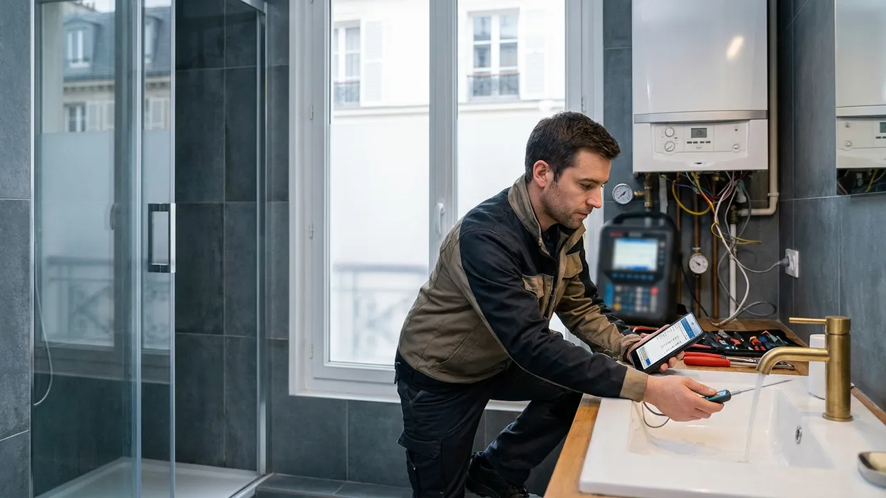Chauffagiste testant la température de l'eau chaude au robinet tout en surveillant la chaudière murale dans une salle de bain parisienne