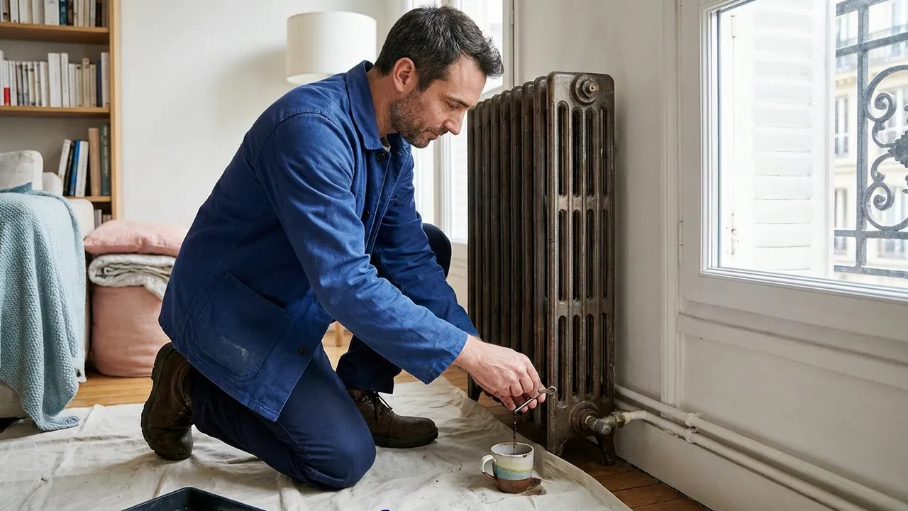 Chauffagiste purgeant un radiateur avec une clé de purge et un récipient dans un salon parisien du 2e arrondissement