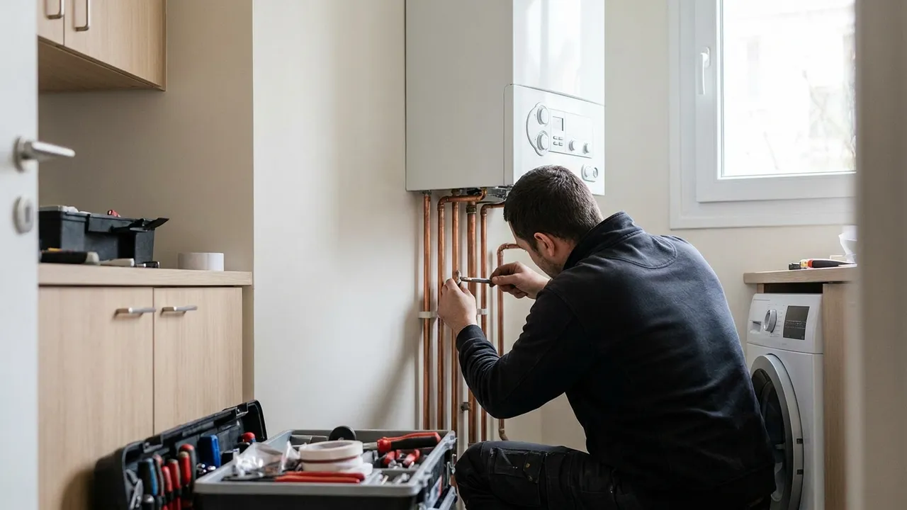 Chauffagiste raccordant une chaudière murale à condensation neuve dans un appartement du 2e arrondissement de Paris