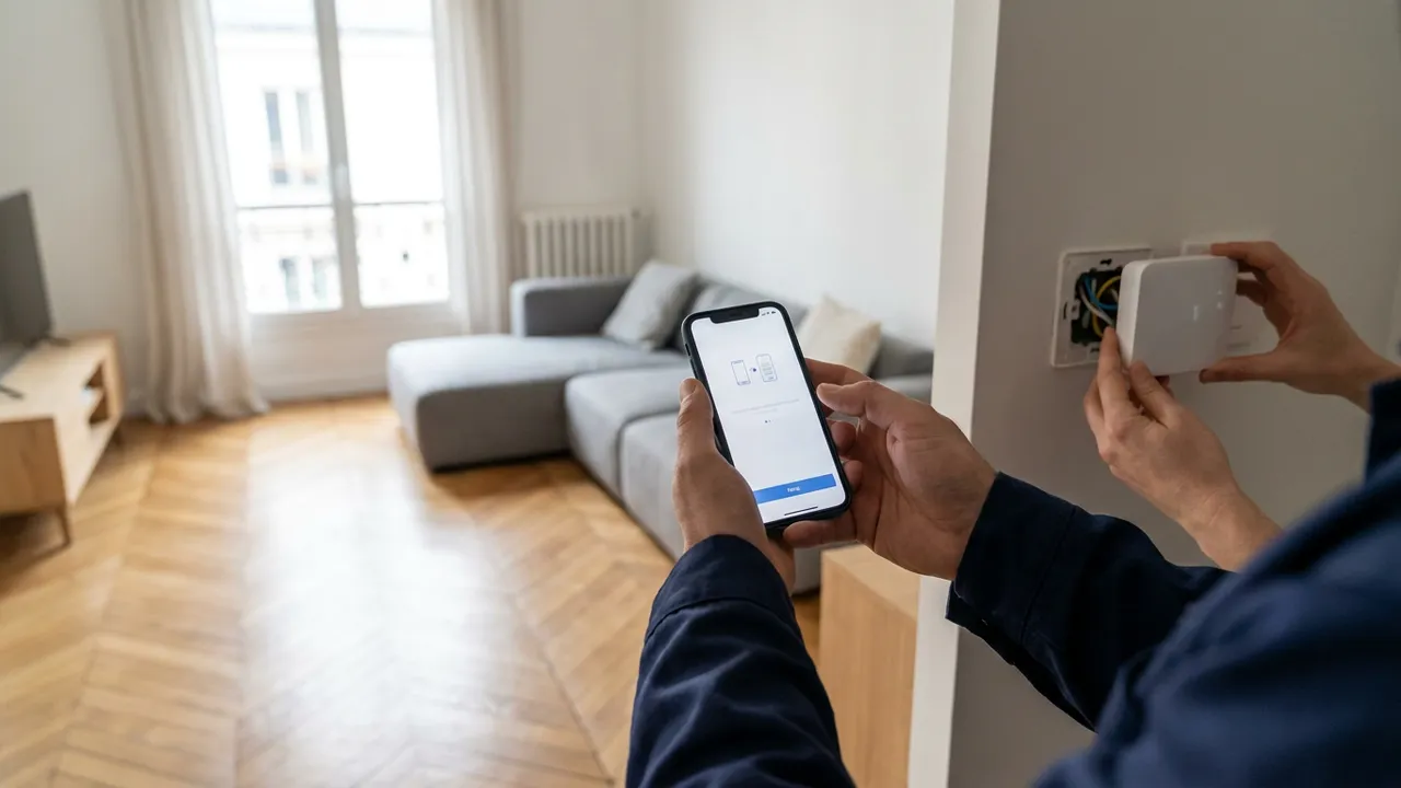 Chauffagiste installant un thermostat connecté au mur d'un salon parisien et l'appairant avec un smartphone